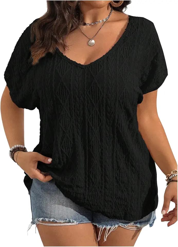 OYOANGLE Women's Plus Size Short Sleeve Blouse Cute Summer Boho Curvy Tops