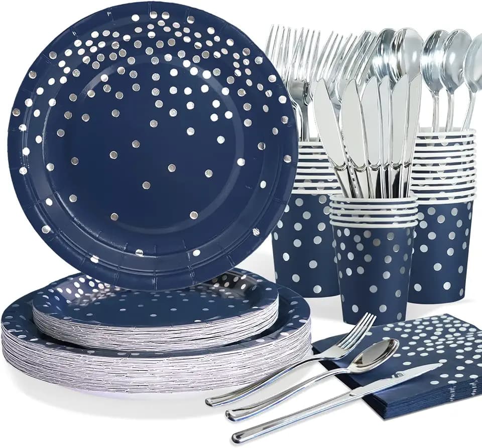 168Pcs Navy Blue Plates and Napkins Party Supplies, Navy Blue Paper Plates Serve 24, blue and Silver Party Decorations, for Fathers Day, Graduation, 4th of July, Hanukkah Party