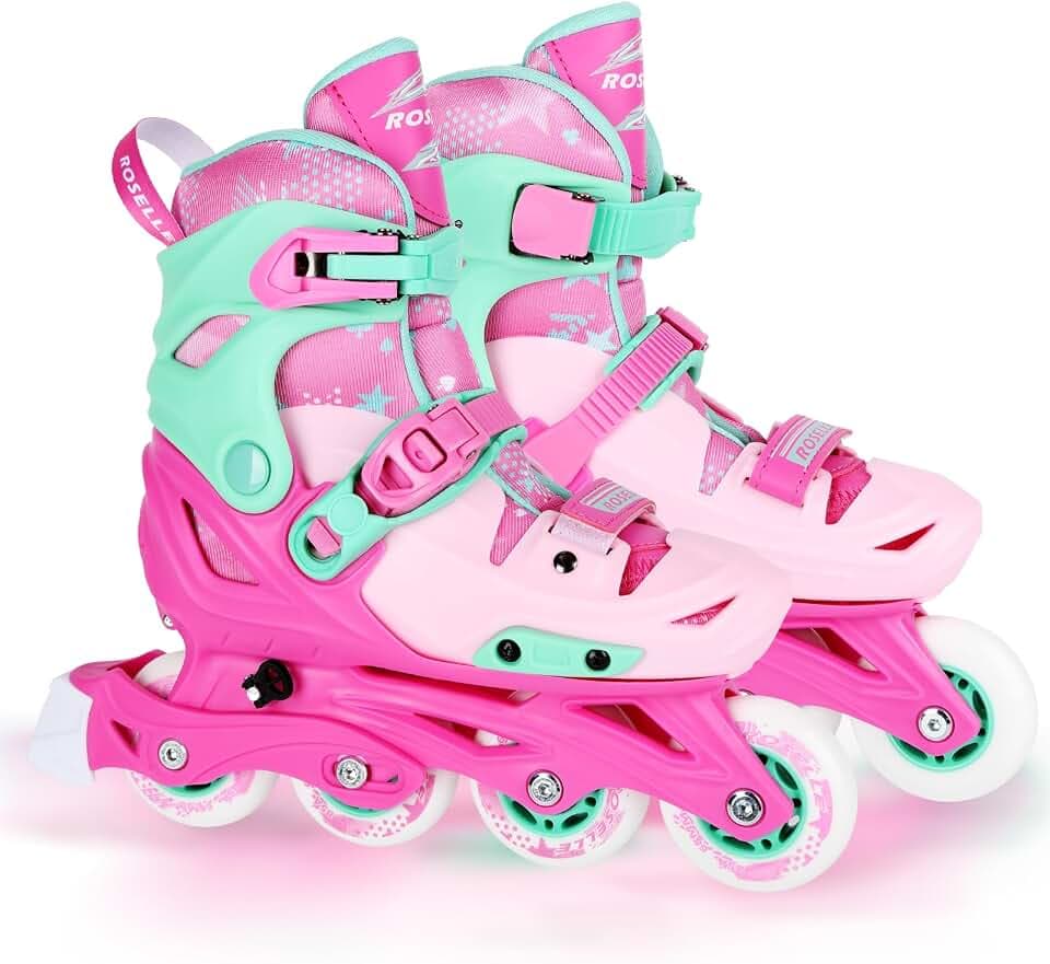 Inline Skates, Adjustable Childrens Inline Skates with Light up Wheels for Girls, Boys, Teens, Beginner | with Protective Gears and Carry Bag