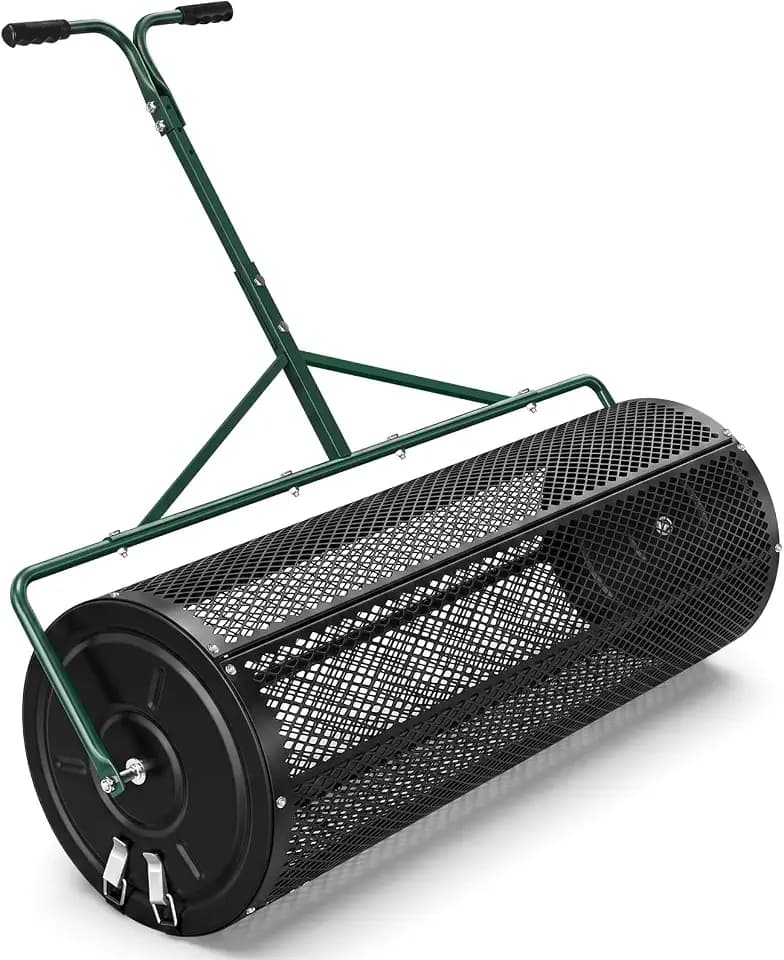 High-Capacity Metal Mesh Drum Compost Spreader with Side-Lock Peat Moss Spreader Ideal for Lawn and Garden Maintenance, Meeting Seeding and Fertilizing Needs for Farms and Vegetable Gardens. (44 inch)