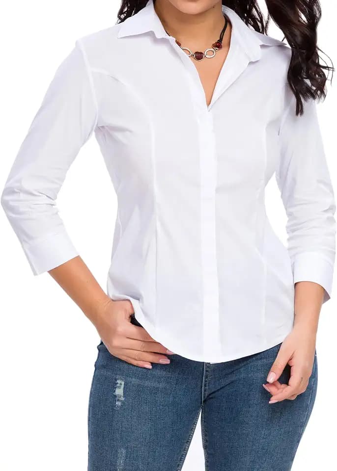 Womens Button Down Shirts Official Formal 3/4 Sleeve White Stretch Blouse Summer Dress Shirt