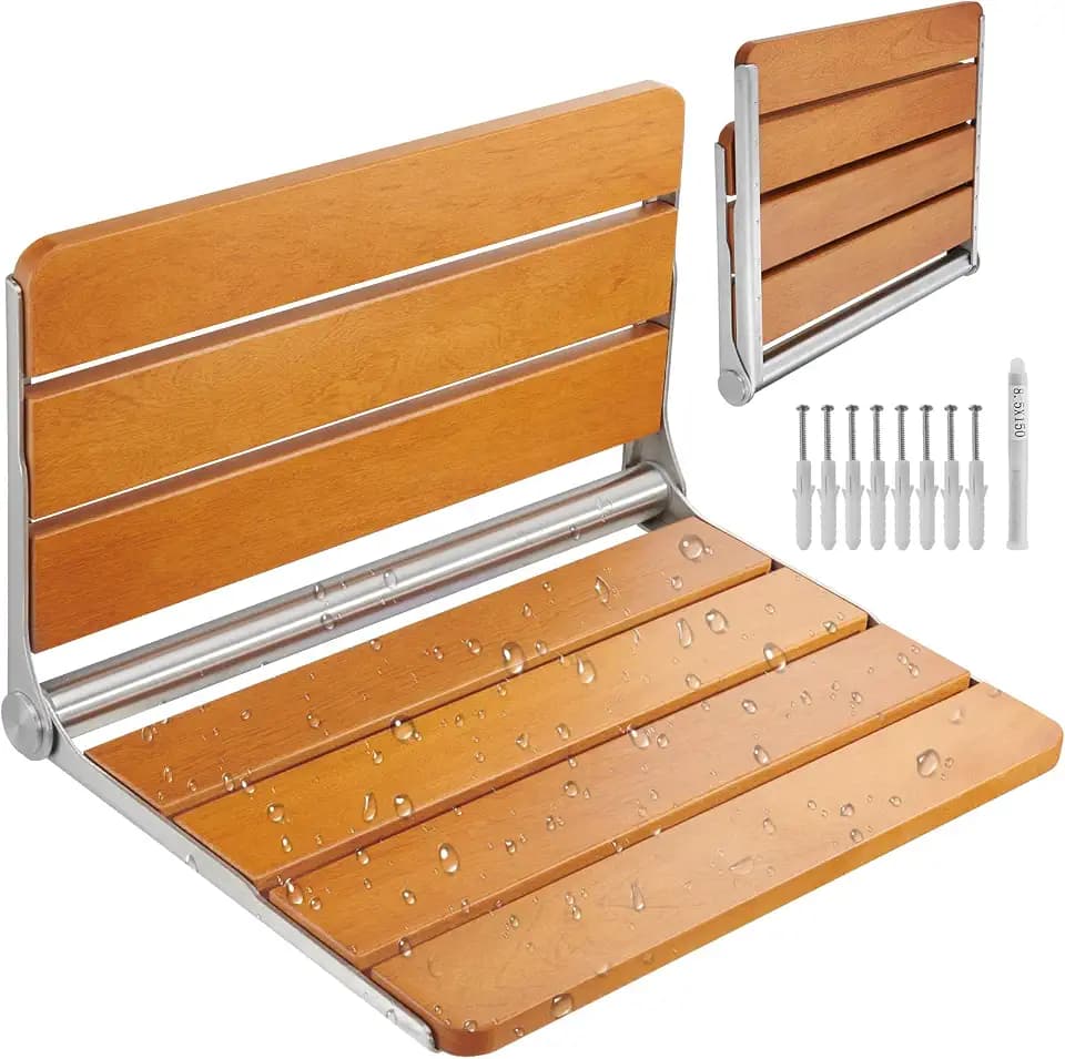 VEVOR Folding Teak Shower Seat, 20.9 x 16'' Unfolded, Wall Mounted Fold Up Shower Bench with 500 lbs Load Capacity, Space Saving Home Care Fold Down Shower Chair, for Seniors Pregnant Women Children