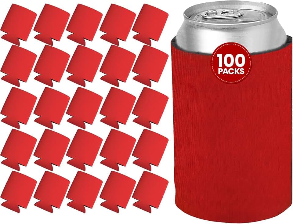 100 Ct of Kan-Tastic Can Cooler & Holder – Red – Soft, Flexible Foam Keeps Beer, Soda, Water Cool & Fresh – Great for Custom Designs for DIY Projects, Events, Company Promotions