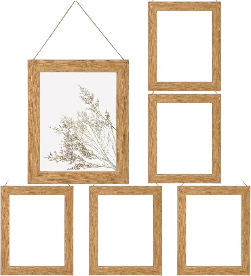 Xuhal 6 Pack Pressed Flower Wall Art, Dried Flowers Wooden Glass Display Frame Hanging Decor with Clear Glass and Jute Rope for Gallery Wall Living Room Bedroom, Farmhouse Rustic Boho Home Decor Gift
