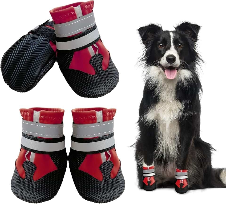 Hundeschuhe, 4 STK wasserdichte Hundeschuhe für verletzte Pfoten, rutschfeste Hundeschuhe zum Spazierengehen, Pfotenschützer mit reflektierenden Riemen für mittelgroße und große Hunde (Rot, L)
