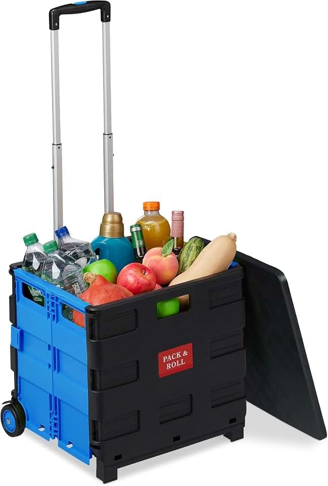 Relaxdays Einkaufstrolley klappbar, bis 35 kg, 50 Liter Kiste, mit Teleskopgriff, Transport Trolley, 2 Rollen, Farbwahl