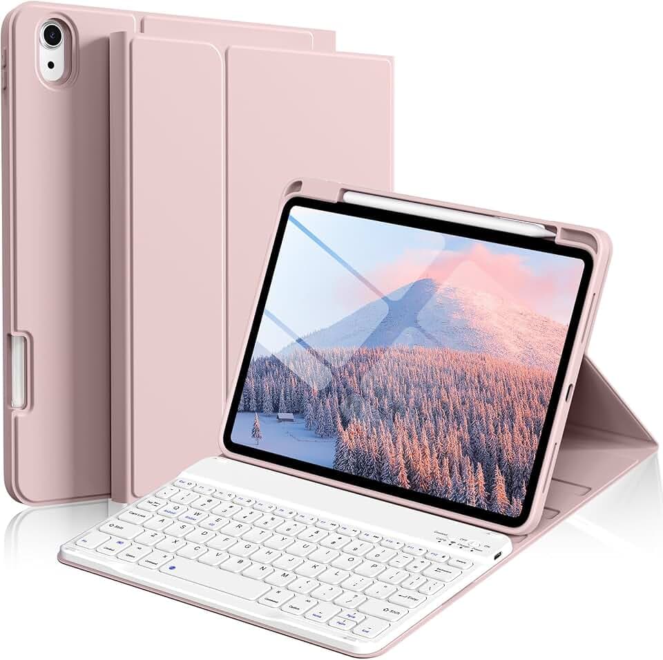 kenke for iPad 11/10th Gen Case with Keyboard 11/10.9 inch 2025 A16/2022, Detachable Wireless Bluetooth Keyboard Case with Bulit-in Pencil Holder, White Square Keycaps (Pink)