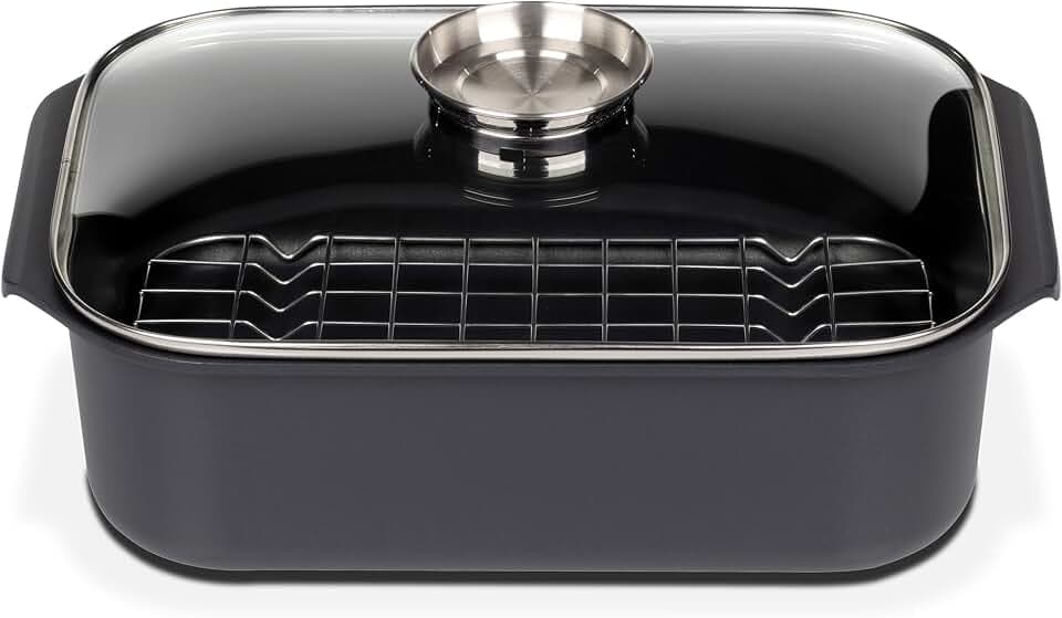 GSW Rechteckbräter Gourmet mit Aroma-Glasdeckel und Grilleinsatz, Aluguss, Induktionsfähig, Schwarz, ø ca. 40 x 26 x H 11cm