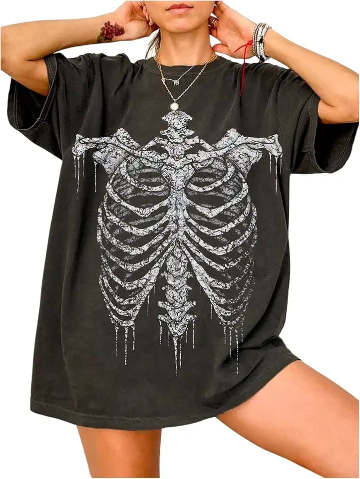 BEAUDRM Women's Grunge Shirts Oversized Skeleton Gothic Halloween Shirts