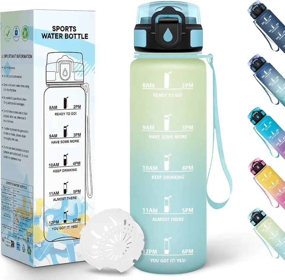 Trinkflasche, 1000ML BPA-Frei, Wasserflasche Sport, Auslaufsicheres Schlossdesign, Trinkflaschen, Mit Zeitstempel, Trinkflasche Auslaufsicher für Yoga, Camping - Frost&Himmelblau