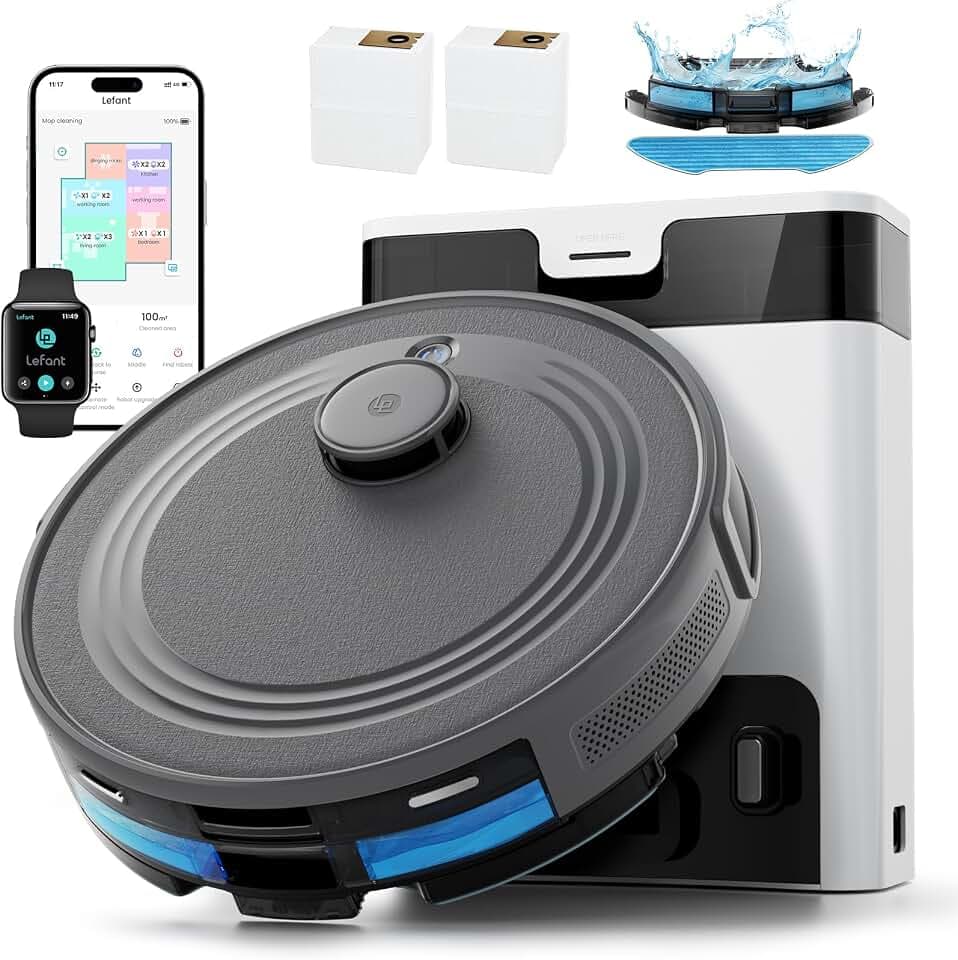 Lefant M2 Pro Saugroboter mit Wischfunktion, LiDAR-Navigation Mapping, Staubsauger Roboter mit Absaugstation, 6000Pa, APP/Alexa Steuerung, Roboterstaubsauger Saugkraft ideal für Teppich Mondgrau