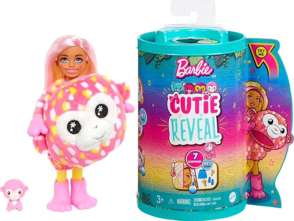 Barbie Cutie Reveal, Chelsea Puppe mit Affenzubehör, 7 Überraschungen, Haustier, Farbwechseleffekt, inkl Cutie Reveal Puppe, Geschenk für Kinder, Spielzeug ab 3 Jahre, HKR14