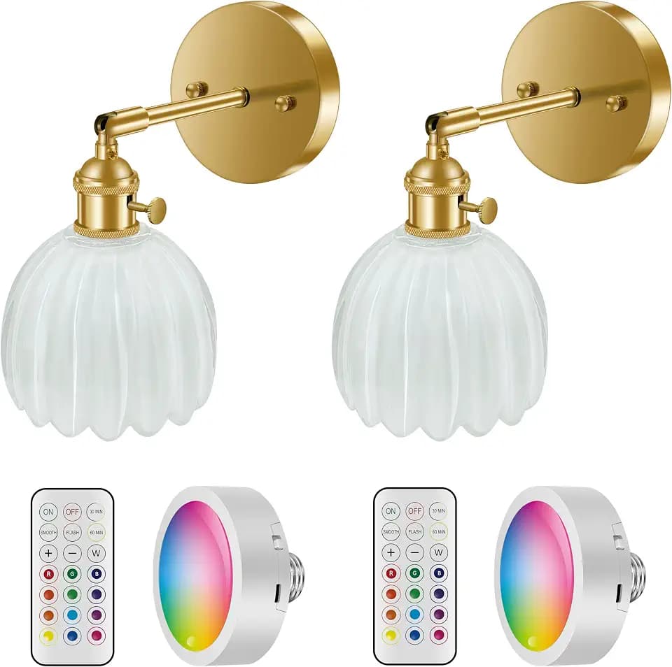 Wall Sconces, Tulip-Shaped Glass Shade, Modern Wall Lamp with RGB Color-Changing Bulb, for Home Bedroom Doorway Decoration (White Glass + Brass Finish, 2-Pack Rechargeable Bulbs with Remote)