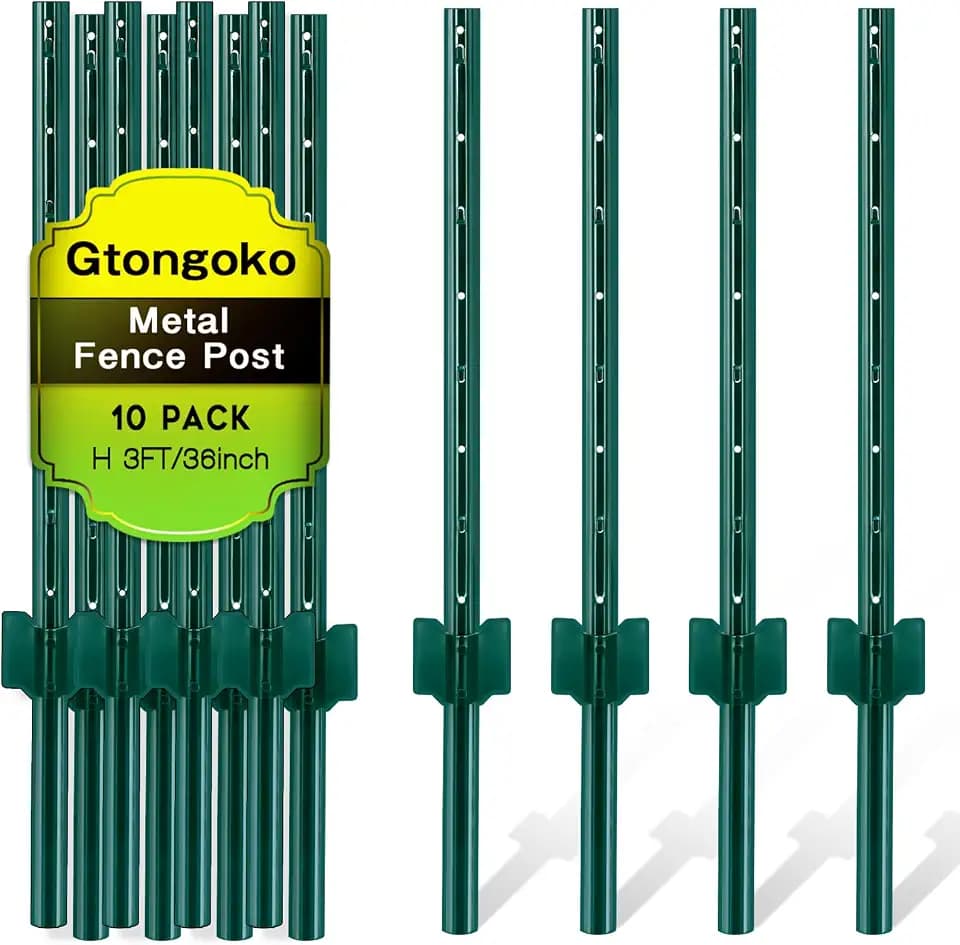 Gtongoko 10 Pack 3FT Heavy Duty Metal Fence Posts, Green U Channel No Dig Fence Stakes with Anchor Plate, Steel Posts for Wire Fencing, Garden Protection, Animal Barrier, Yard & Farm Boundary