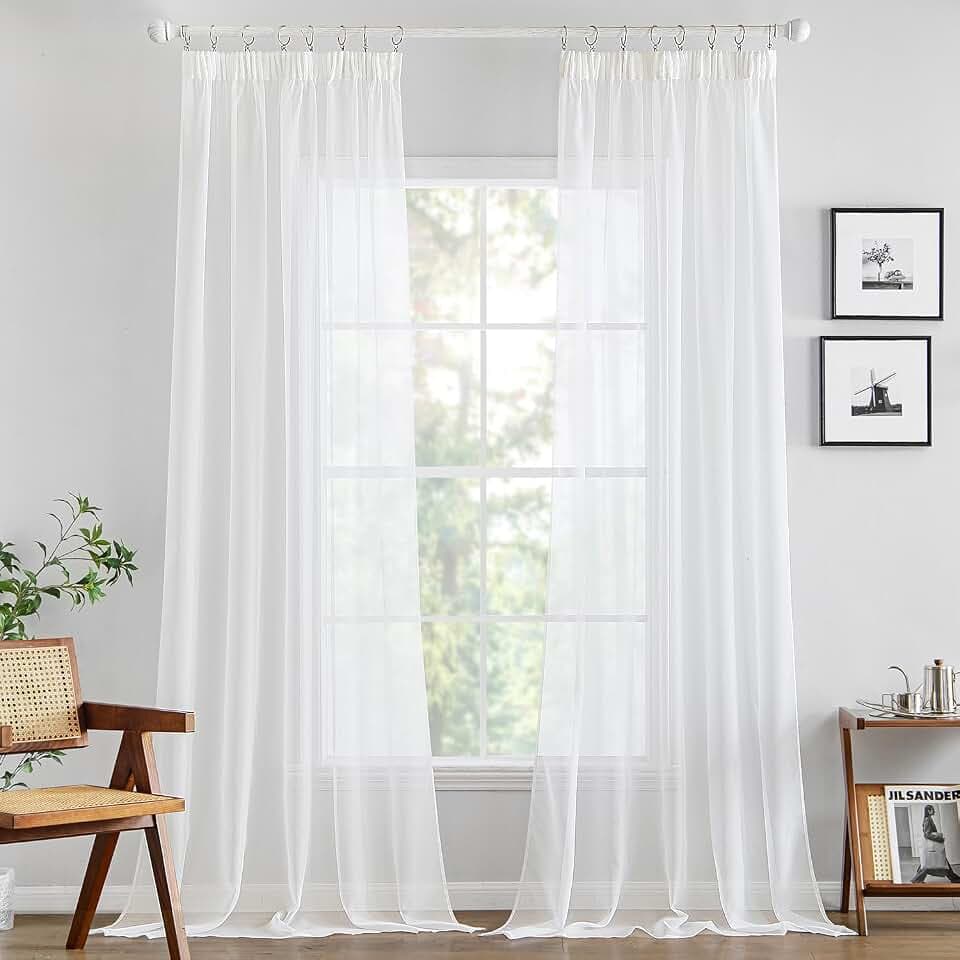 MIULEE Voile Gardine transparent Kräuselband 2er Set B140 H225 Weiß