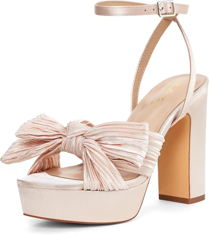 Zhabtuc Vintage Schleife Riemchen Plateauschuhe mit klobigen Blockabsätzen Satin-Schleifenknoten Runde Zehen Sandalen 11 cm für Abschlussball, Nacktfarbe, 37 EU