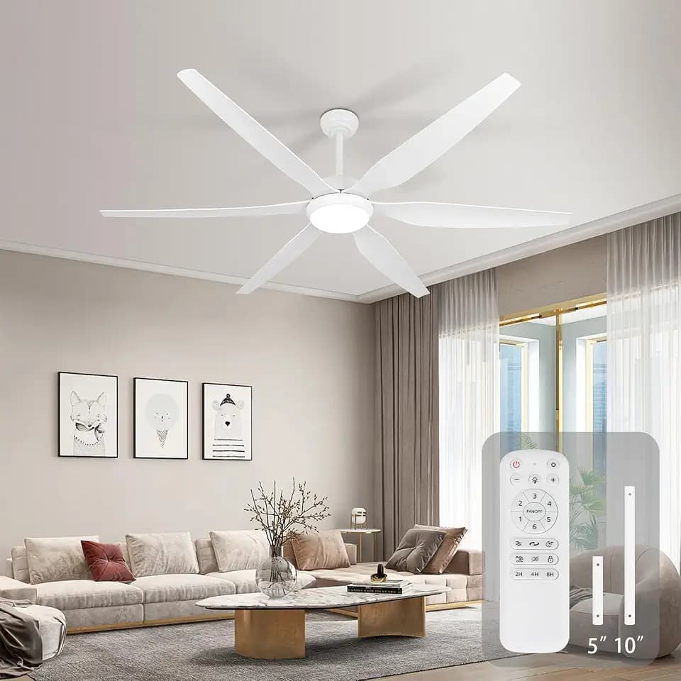65 Inch Ceiling Fan with Lights and Remote,6 Blades,Reversible,6 Speed Noiseless DC Motor,Large Ceiling Fan White for Indoor Bedroom, Living Room, Home Office
