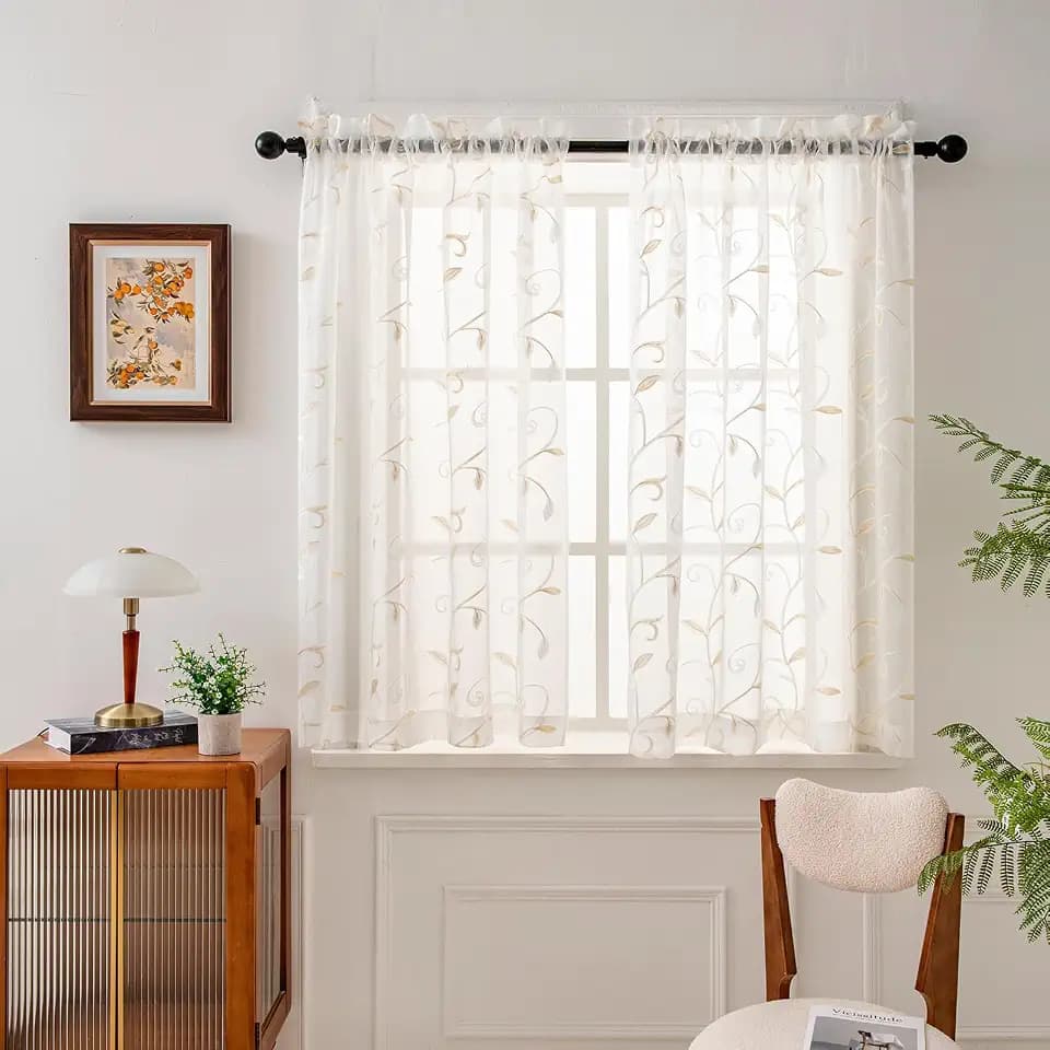VISIONTEX White Sheer Curtains Beige Embroidered Leaves 2 Panels 54Wx54L