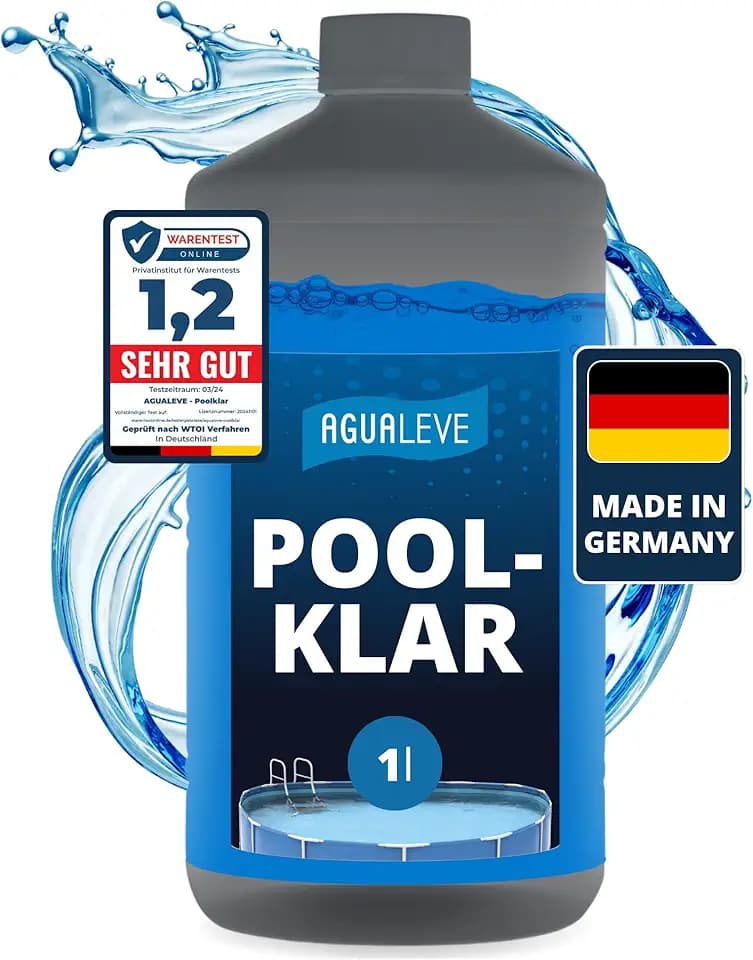 AGUALEVE® Poolklar 1l *NEU* – Kristallklar 2.0 Formel für perfektes Poolwasser – Pools, Whirlpools, Planschbecken – Markenqualität Made in Germany – für 200.000 Poolwasser – mit Note 1,2 getestet