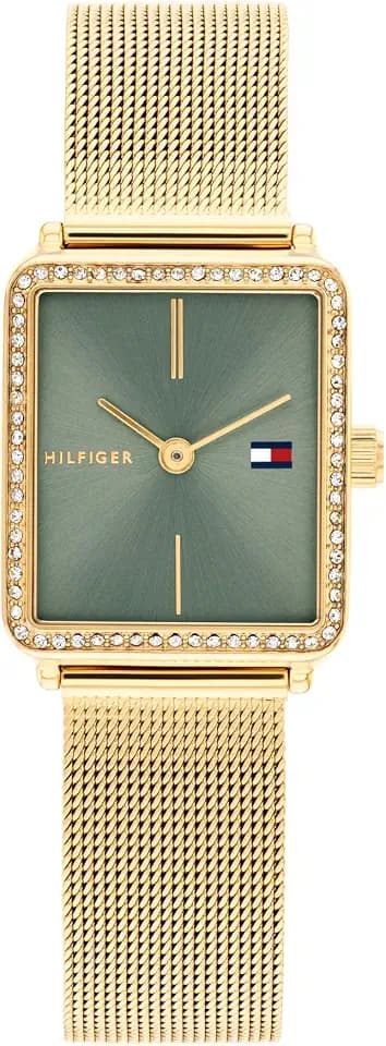 Tommy Hilfiger Women’s Quartz Watch, Mini Stainless Steel Tank Case with Crystal Bezel, Mesh Bracelet