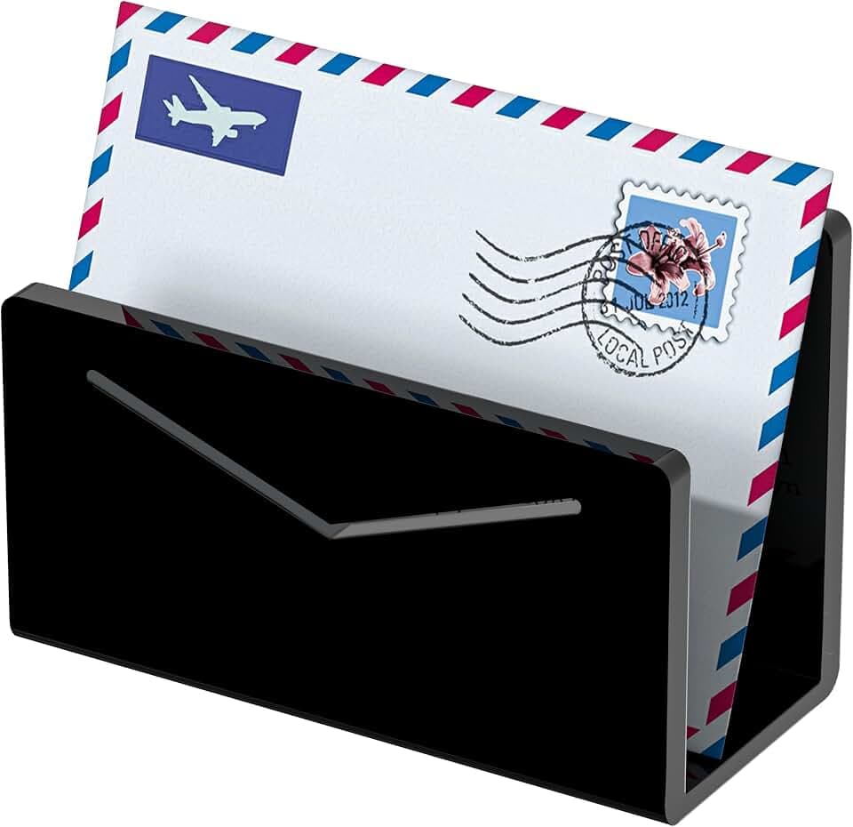 FUCDTEFC Acrylic Mail Holder, Black Acrylic File Letter Organizer, Vertical Envelope Mail Holder for Desk, Lightweight Countertop Bill Holding Sorter Letter Invoice Stand for Home Office School