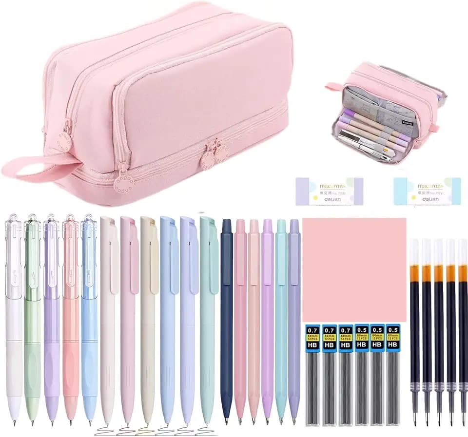 32 Stück Schreibwaren Mit Federmäppchen, 6 Buntstifte, 5 Schwarz Kugelschreiber, 6 Druckbleistifte, 2 Radiergummis, Haftnotizen, Aesthetic Back To School Stuff Für Mädchen, Stationery Set (Rosa)