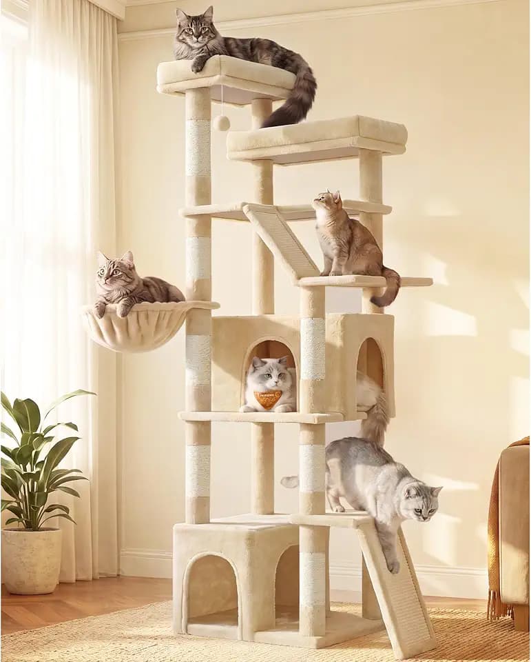 Feandrea Large Cat Tree, 72.6" Tall Sturdy Cat Tower for Indoor, Beige