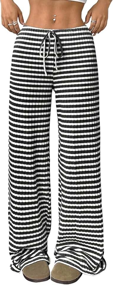Akiooue Palazzo Damenhose mit weitem Bein, leger, locker gestreift, elastische Taille, Stretchhose mit Kordelzug
