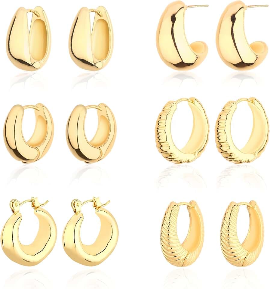 Wgoud 6 Pairs Chunky Gold Hoop Earrings for Women, 14K Gold Plated Hoop Earrings Hypoallergenic, Thick Lightweight Twisted Huggie Hoops Earring Set for Women’s Jewelry GIfts
