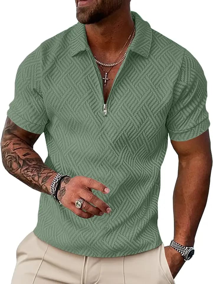 UOUA Men's 1/4 Zip Polo Shirts Textured Summer Casual Business Golf Shirt