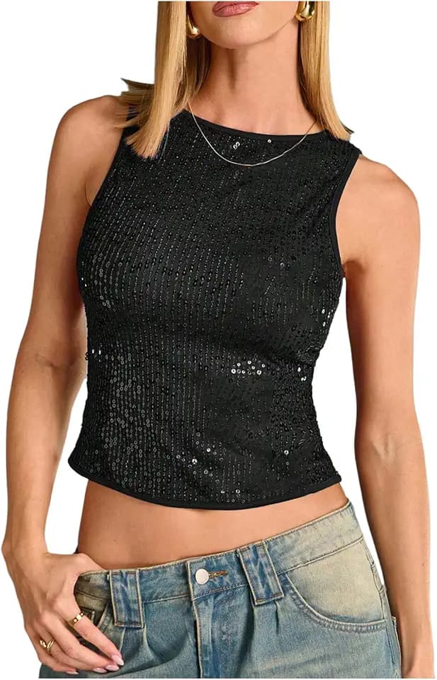 WDIRARA Women's Sleeveless Fitted Going Out Sequin Sparkly Tank Top