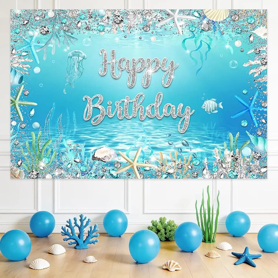 AIBIIN 7x5ft Happy Birthday Backdrop for Girls Under The Sea Decorations for Birthday Party Shinning Silver Background Under The Sea Birthday Party Photography Backdrop Banner