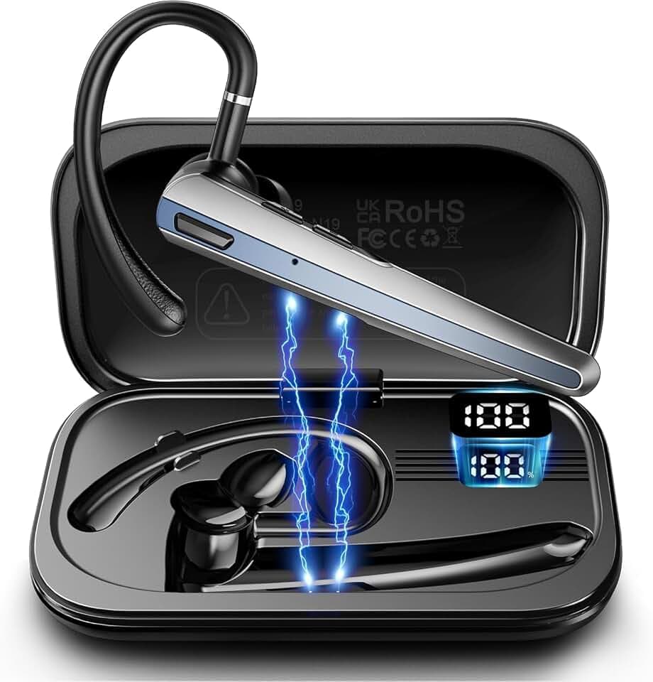 Bluetooth Headset V5.3, Wireless Headset with Dual Noise-Canceling Mics, Portable Charging Case, 300H Standby Time, Hands Free Headphones for PC/Cell Phone, Trucker/Home/Office/Work