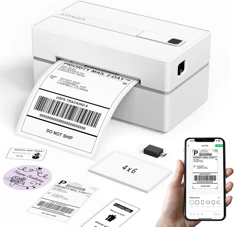 KNAON Bluetooth Thermal Shipping Label Printer, 4x6 Portable Thermal Address Label Printer for Small Business, Compatible with iPhone,Android,Windows,Mac–Works with Etsy Shopify USPS&More, White