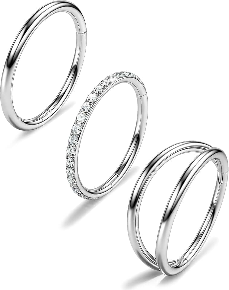 316L Stainless Steel Nose Ring Set – 3PCS Nose Hoops with Cubic Zirconia, 20G/18G, Silver/Black/Gold, 7mm/8mm Sizes, Seamless & Hinged Design for Sensitive Skin Jewelry