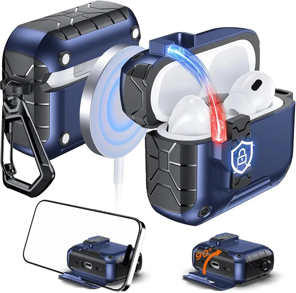 Anqrp MagArmor Auto-Open for AirPods Pro 2nd/1st Gen Case with Built-in Magnets, [One-Press Auto-Open] [Compatible with Mag-Safe Charging], Full-Body MIL-Grade Protective with Air-AL Carabiner Blue