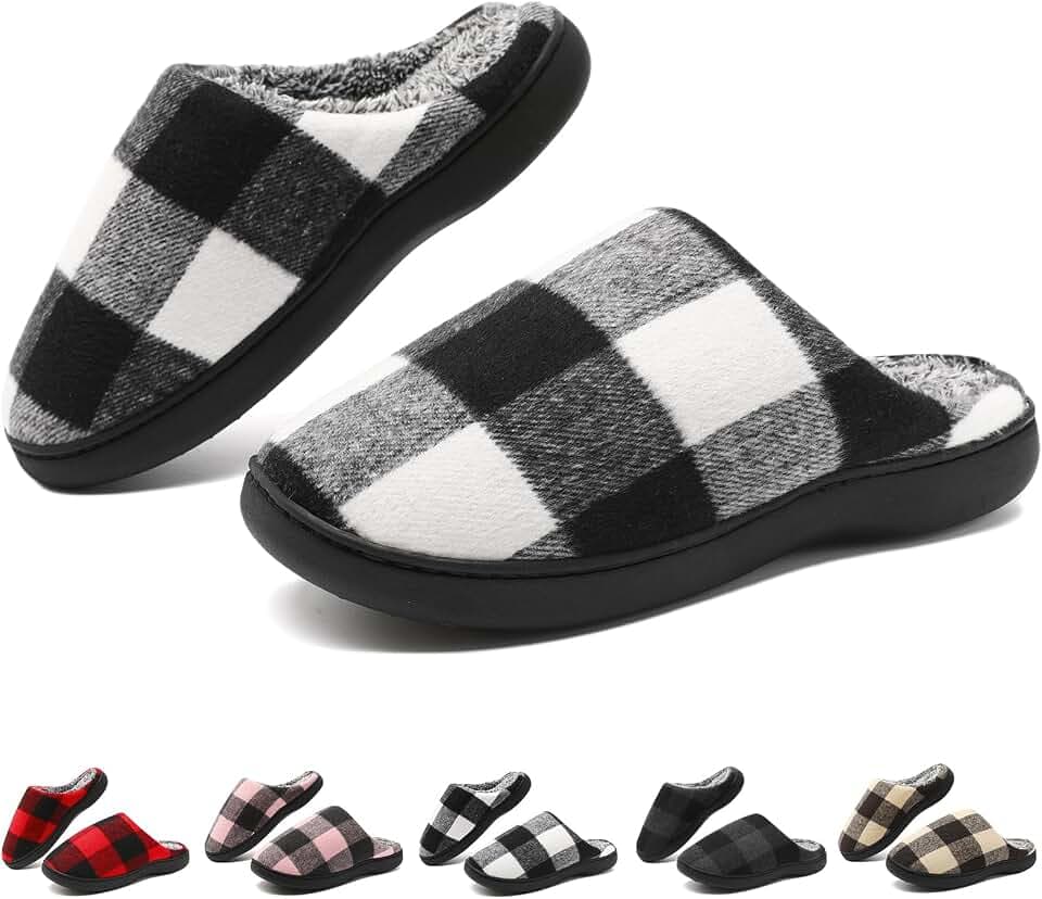 Yueerlu House Slippers for Women Men, womens Checkered Slippers on House Shoes Cozy Memory Foam Scuff plaid Shoes with Fuzzy Faux Fur Comfortable Non-Slip Warm Fuzzy indoor outdoor