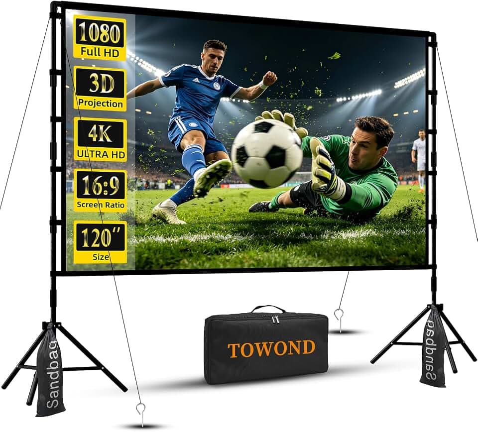Outdoor Projector Screen with Stand, TOWOND 120 inch Projection Screen, Movie Screen 16:9 HD Foldable Anti-Crease Support Double Sided with Carry Bag for Outdoor Indoor