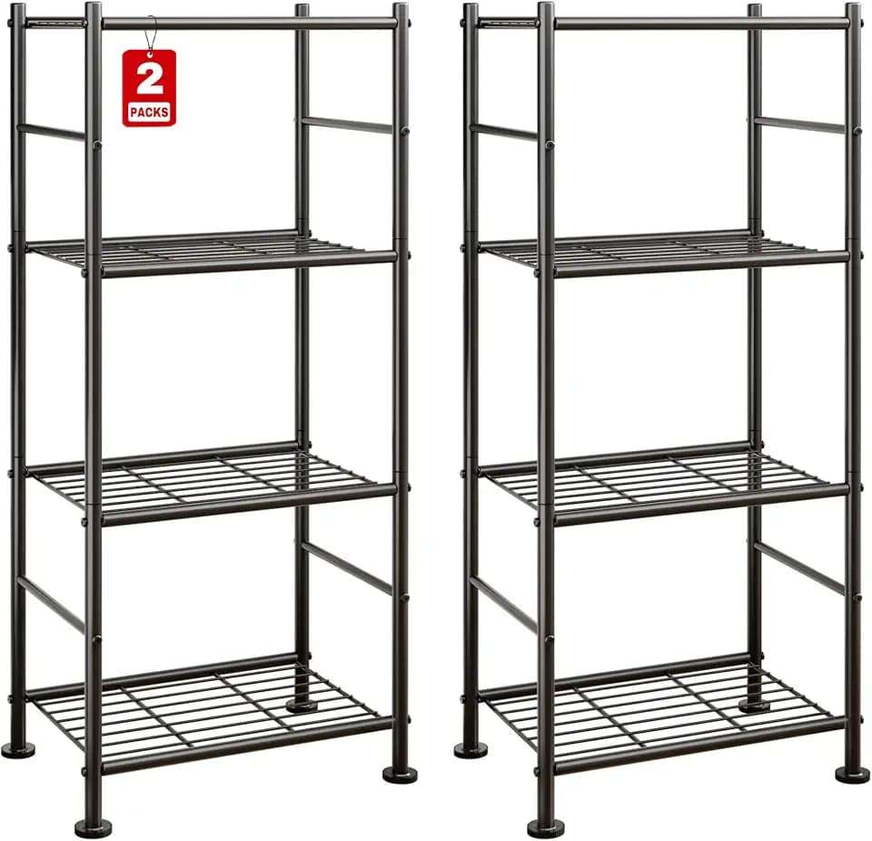 Sakugi 2-Pack Storage Shelves - 4-Tier Metal Wire Shelf Organizer, Slim Shelf Rack with Adjustable Feet for Laundry Room, Kitchen, Garage Organization, 18.2" x 12.3" x 43.7", Black