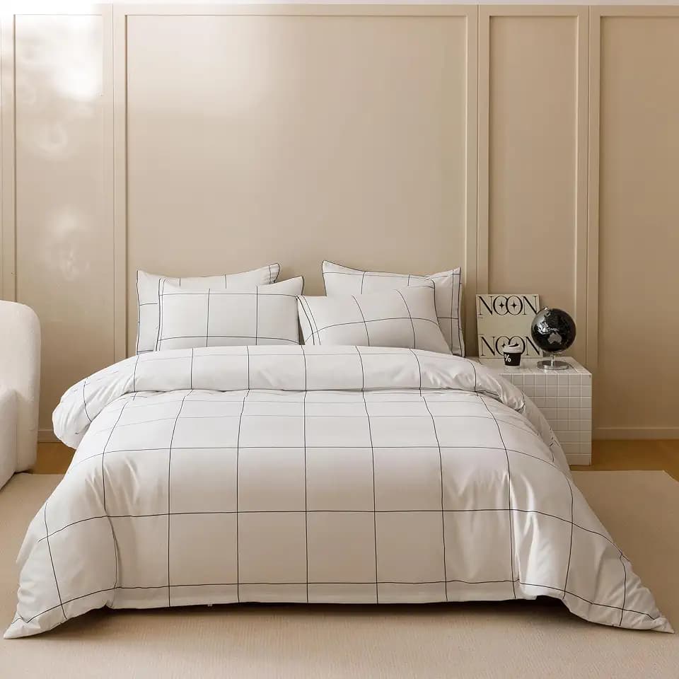 KAREVER White Grid Comforter Full Women Black Square Lines Checkered Bedding Set Full White Plaid Comforter Full Size