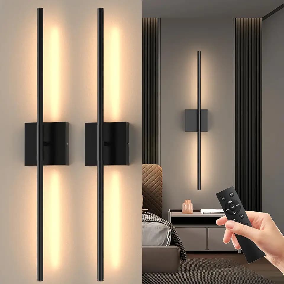 Tartek Battery Operated Wall Sconces Set of Two, Rechargeable Wall Lights with Remote Control, Dimmable 3000K-6000K LED Wall Lamp, 360°Rotate, Long Wireless Sconces for Living Room, Bedroom