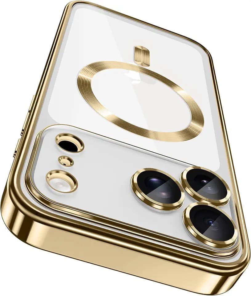 GolbinBox Magnetic Case for iPhone 17 Pro with Screen Protector, [Compatible with MagSafe][Camera Protection][16FT Military Protection]Slim Shockproof Plating Phone Case for iPhone 17 Pro, Gold/Clear