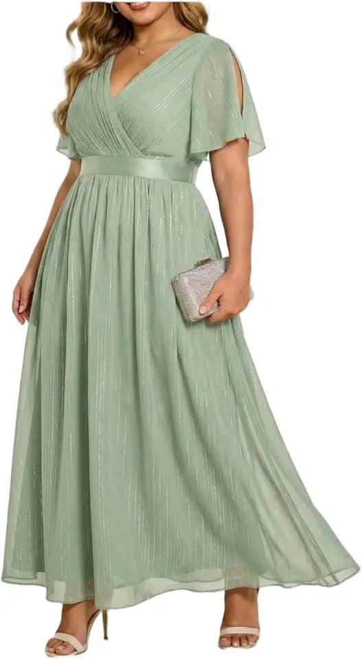Plus Size Formal Dress - Chiffon V Neck Bridesmaid Wedding Guest Party