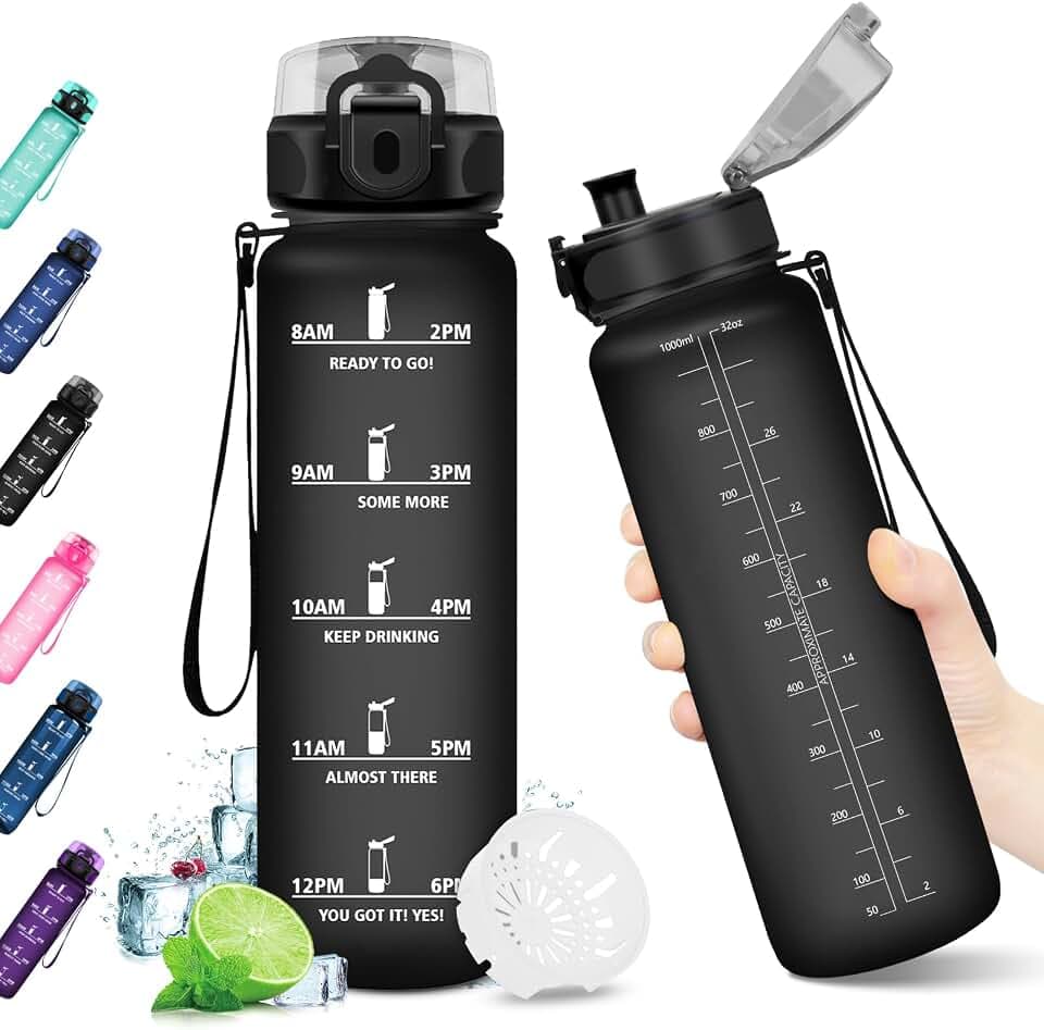 KollyKolla Trinkflasche Kohlensäure Geeignet, 500ml/1L/1.5L, Sport Trinkflasche mit Zeitmarkierung, Auslaufsicher Wasserflasche Kinder, Erwachsener, Fahrrad, Schule, Maedchen, Junge, Büro, Fitness