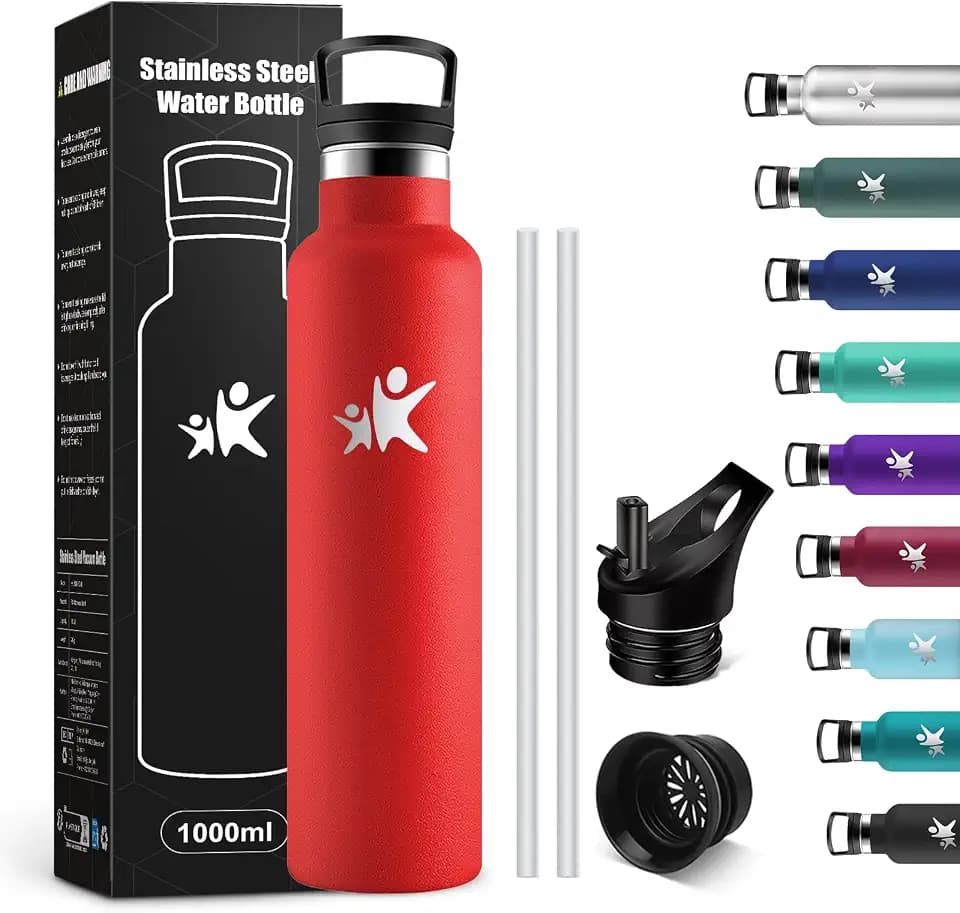 KollyKolla Trinkflasche 1L, Thermosflasche mit Strohhalm, Auslaufsicher Wasserflasche Kohlensäure Geeignet, Isolierflasche Doppelwandig, Wasserflasche für Reisen, Camping, Sprudel, Büro