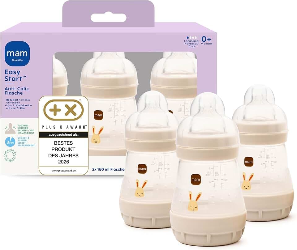 MAM Easy Start Anti-Colic Babyflasche 3x 160 ml, 0+ Monate, Gr. 1, Hase