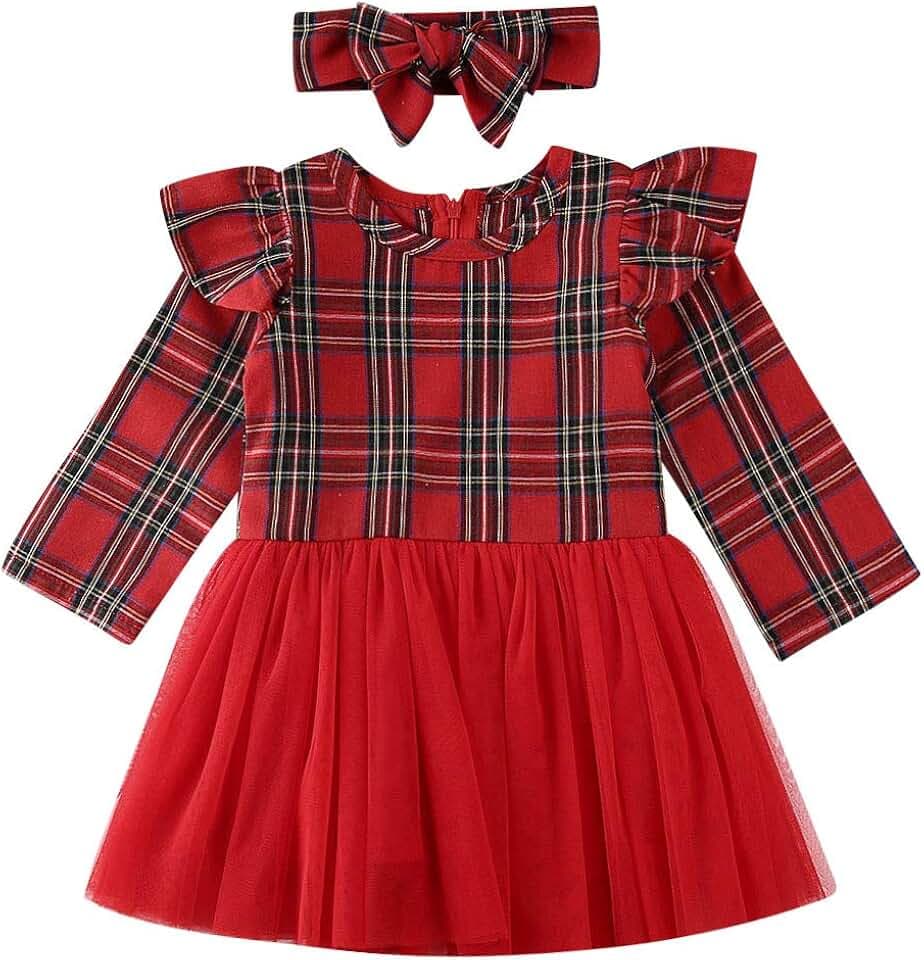 FeMereina Baby Mädchen Weihnachtskleid Langarm Plaid Rüschen Prinzessin Kleid Tutu Rock Baby Weihnachten Outfit Kleidung