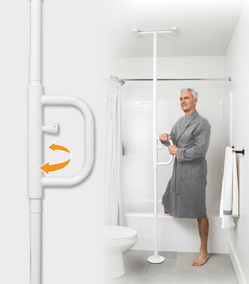 Stander Wonder Pole, Security-Pole and Curve Grab Bar, Tension Mounted Floor to Ceiling Transfer-Pole for Seniors, Elderly Adults, Bathroom Safety Assist and Stability Rail, White