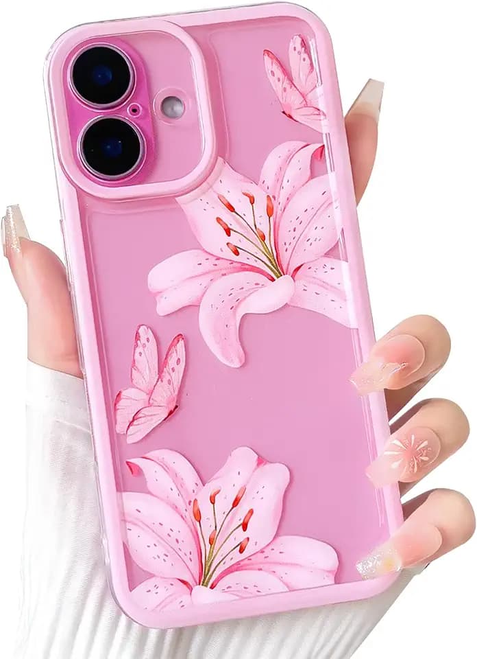 NITITOP Compatible for iPhone 16 Case Clear Flowers - Pink