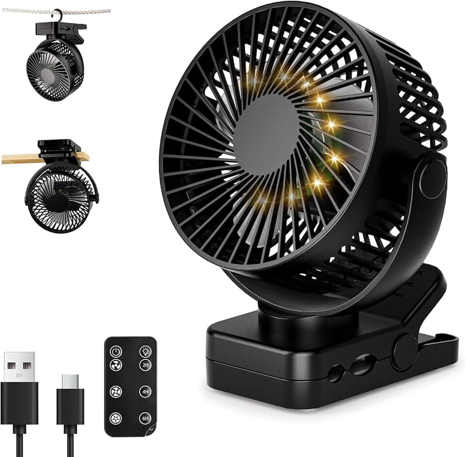 USB Tischventilator Leise mit 12000mAh Akku, Clip Camping Ventilator mit Fernbedienung, Mini Akku Ventilator mit Licht & Timer, 360° Drehbar, 3 Windstufen, Max 44Std Laufzeit für Camping